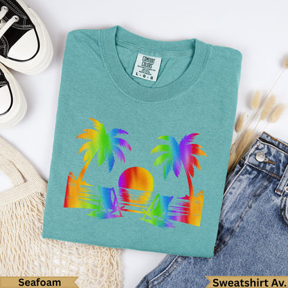 Teal Comfort Colors sweatshirt with rainbow palm trees, sun, and water graphic.
