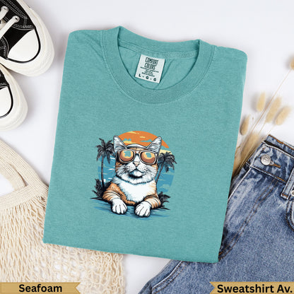 Teal Comfort Colors sweatshirt with a cat wearing sunglasses and palm trees.