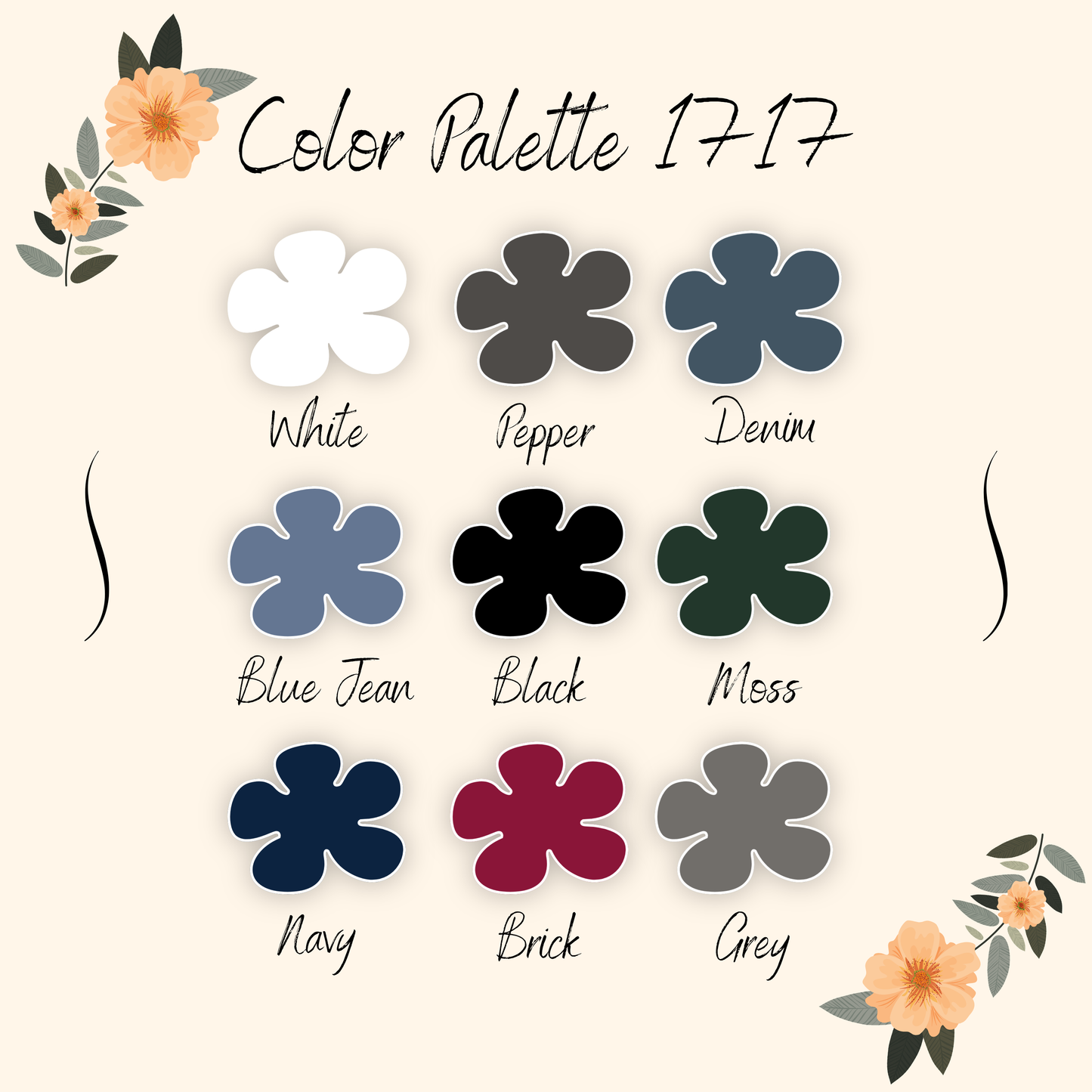 Color Palette 1717 with swatches: White, Pepper, Denim, Blue Jean, Black, Moss, Navy, Brick, Grey.