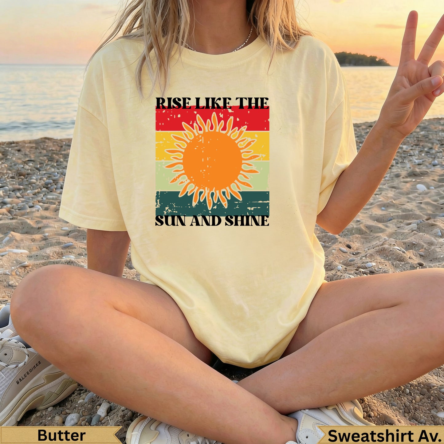 Yellow graphic tee with sun and text "RISE LIKE THE SUN AND SHINE".
