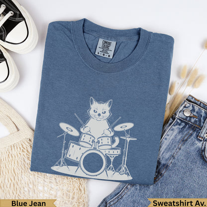Blue Jean sweatshirt with a graphic of a cat playing drums.