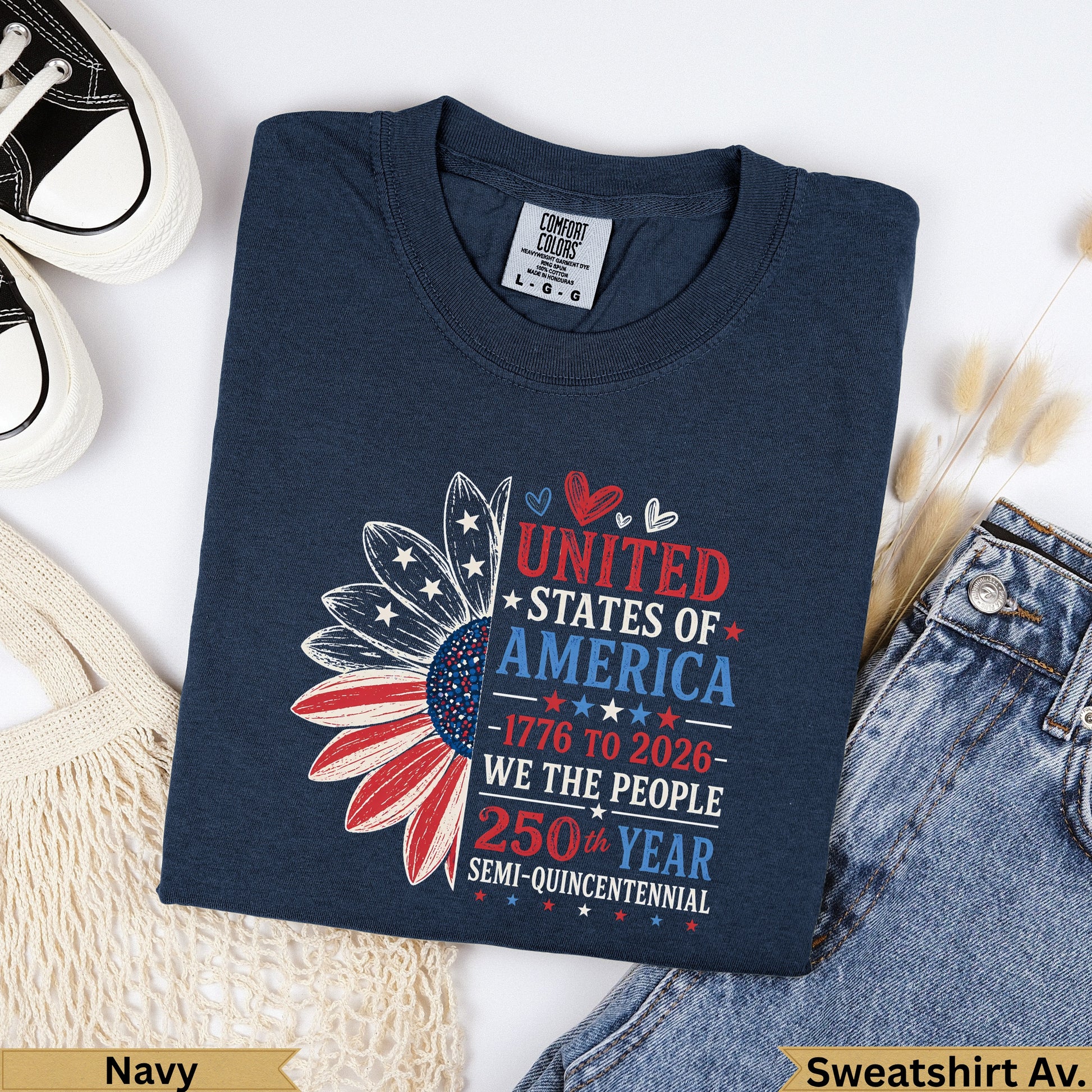 Navy sweatshirt with "United States of America" and "250th Year" text.