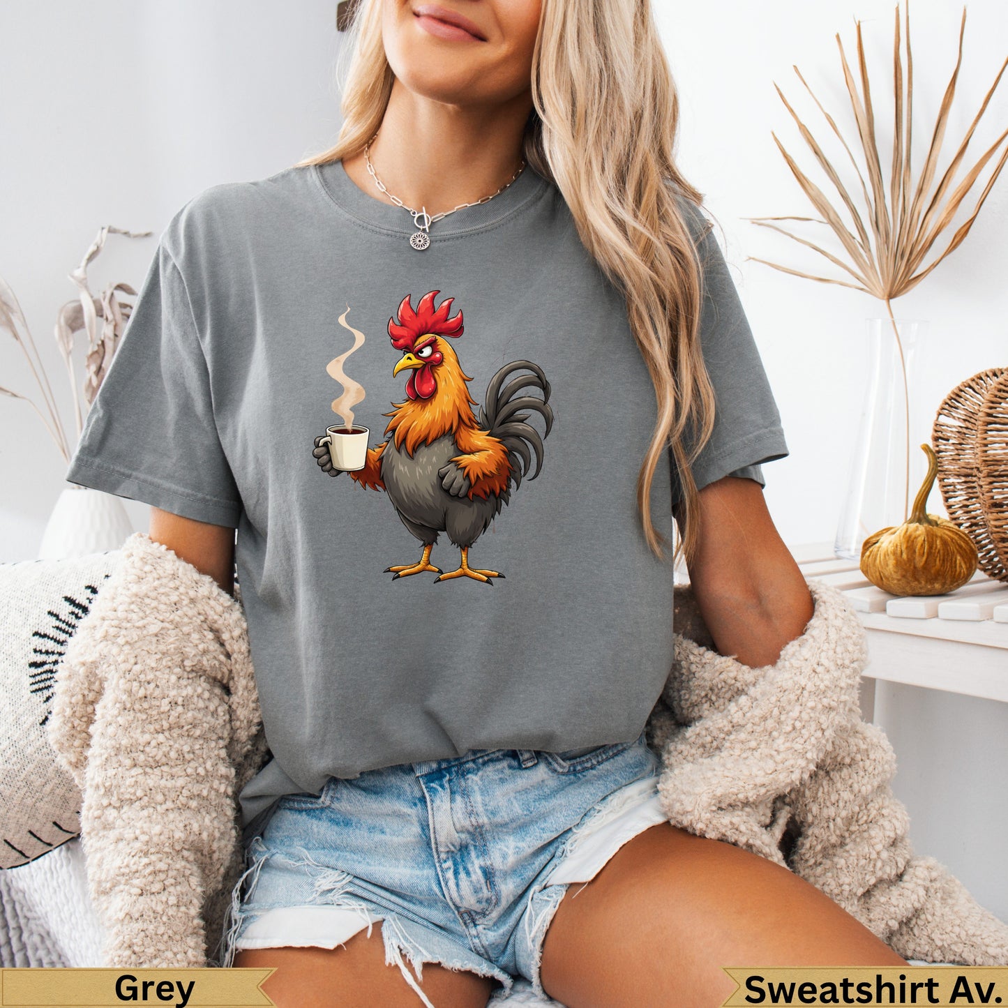 Grey t-shirt with a cartoon rooster drinking coffee.