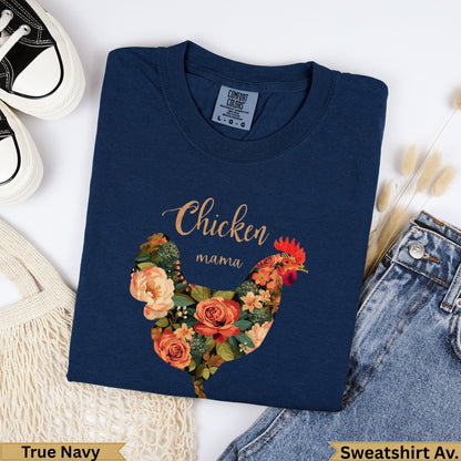 Navy sweatshirt with "Chicken mama" text and a floral chicken design.