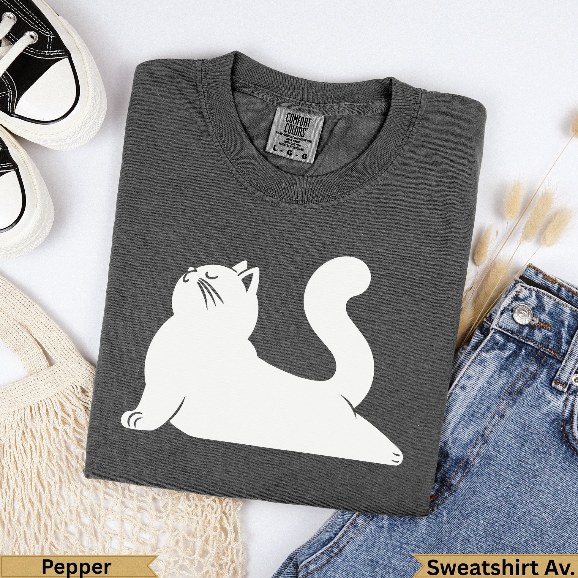 Dark grey t-shirt with white cat graphic and "Pepper" text.