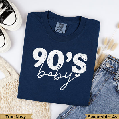 Navy blue sweatshirt with "90's baby" graphic, "True Navy" and "Sweatshirt Av." labels.