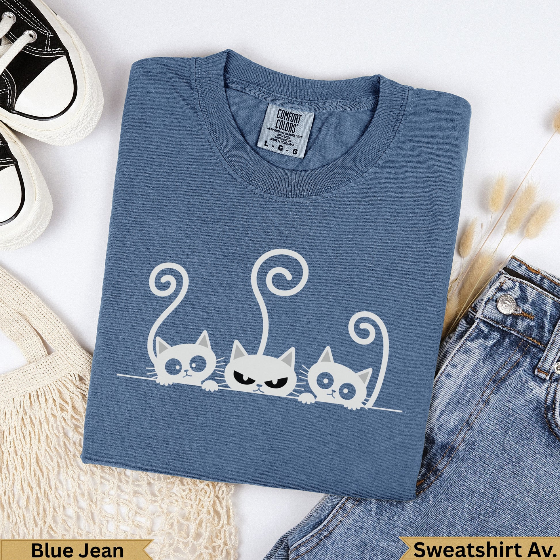 Blue Jean Comfort Colors sweatshirt with three stylized cats graphic.