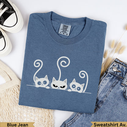 Blue Jean Comfort Colors sweatshirt with three stylized cats graphic.