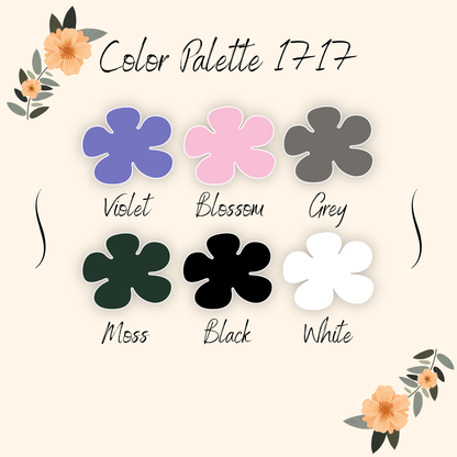 Color Palette 1717 with six swatches: Violet, Blossom, Grey, Moss, Black, White.