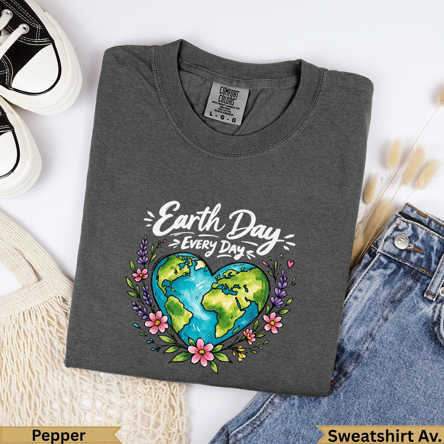 Charcoal t-shirt with "Earth Day Every Day" text and a floral heart-shaped earth graphic.