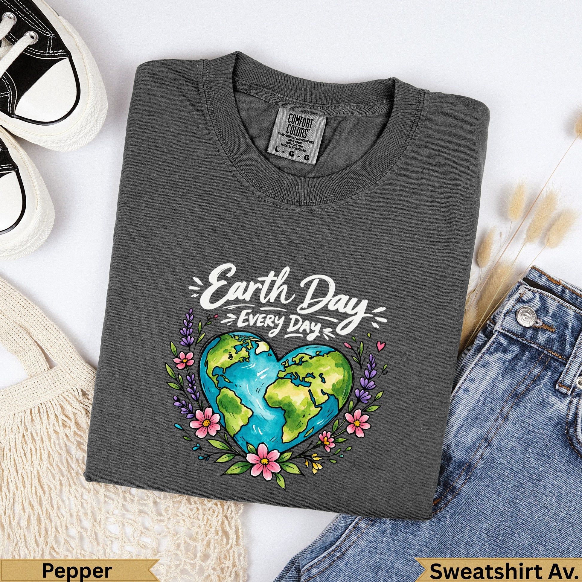 Charcoal t-shirt with "Earth Day Every Day" text and a floral heart-shaped earth graphic.