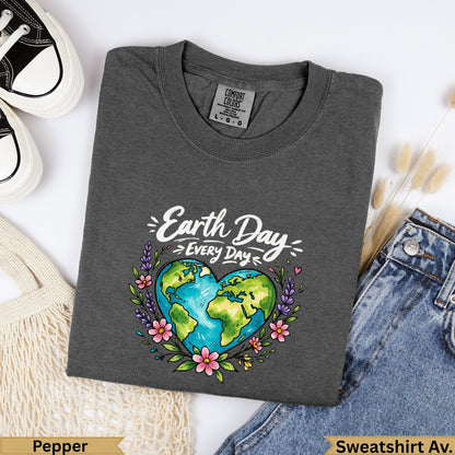 Charcoal t-shirt with "Earth Day Every Day" text and a floral heart-shaped earth graphic.