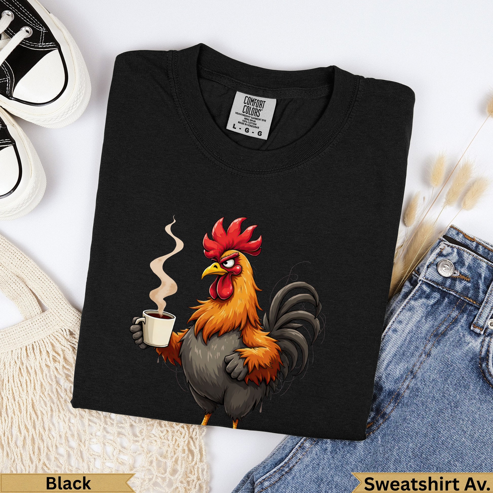 Black Comfort Colors t-shirt featuring a cartoon rooster holding a coffee mug.
