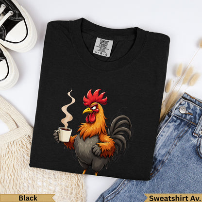 Black Comfort Colors t-shirt featuring a cartoon rooster holding a coffee mug.