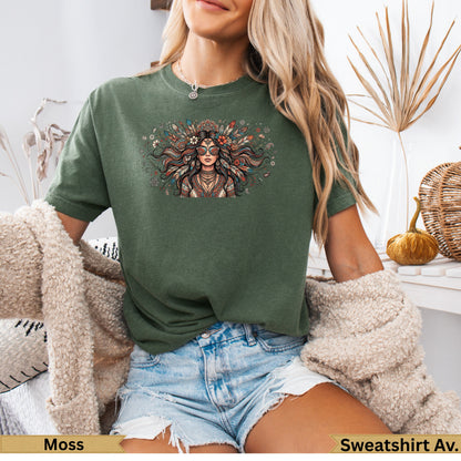 Green t-shirt with a colorful, floral bohemian woman graphic.