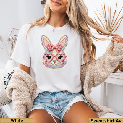 White t-shirt with a pastel Easter bunny graphic wearing pink heart glasses.