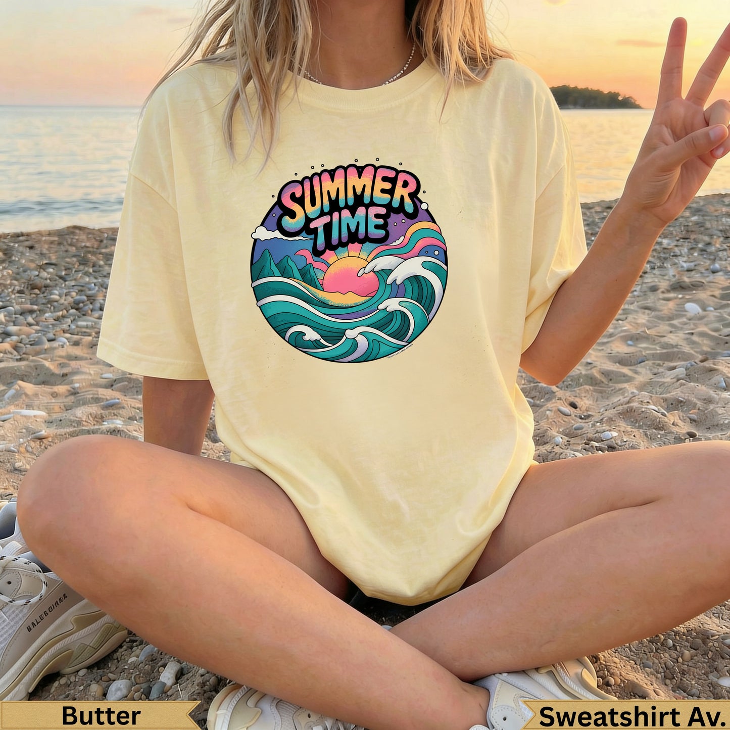 Pale yellow t-shirt with "Summer Time" and ocean wave graphic.