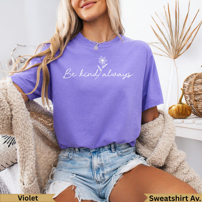 Purple t-shirt with "Be kind always" flower graphic and "Violet" text.