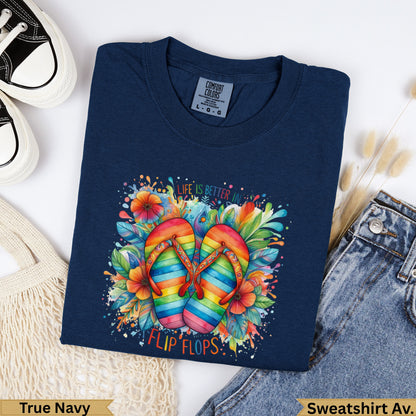 Navy t-shirt with colorful flip flops and floral graphic, text "Life is Better in Flip Flops".