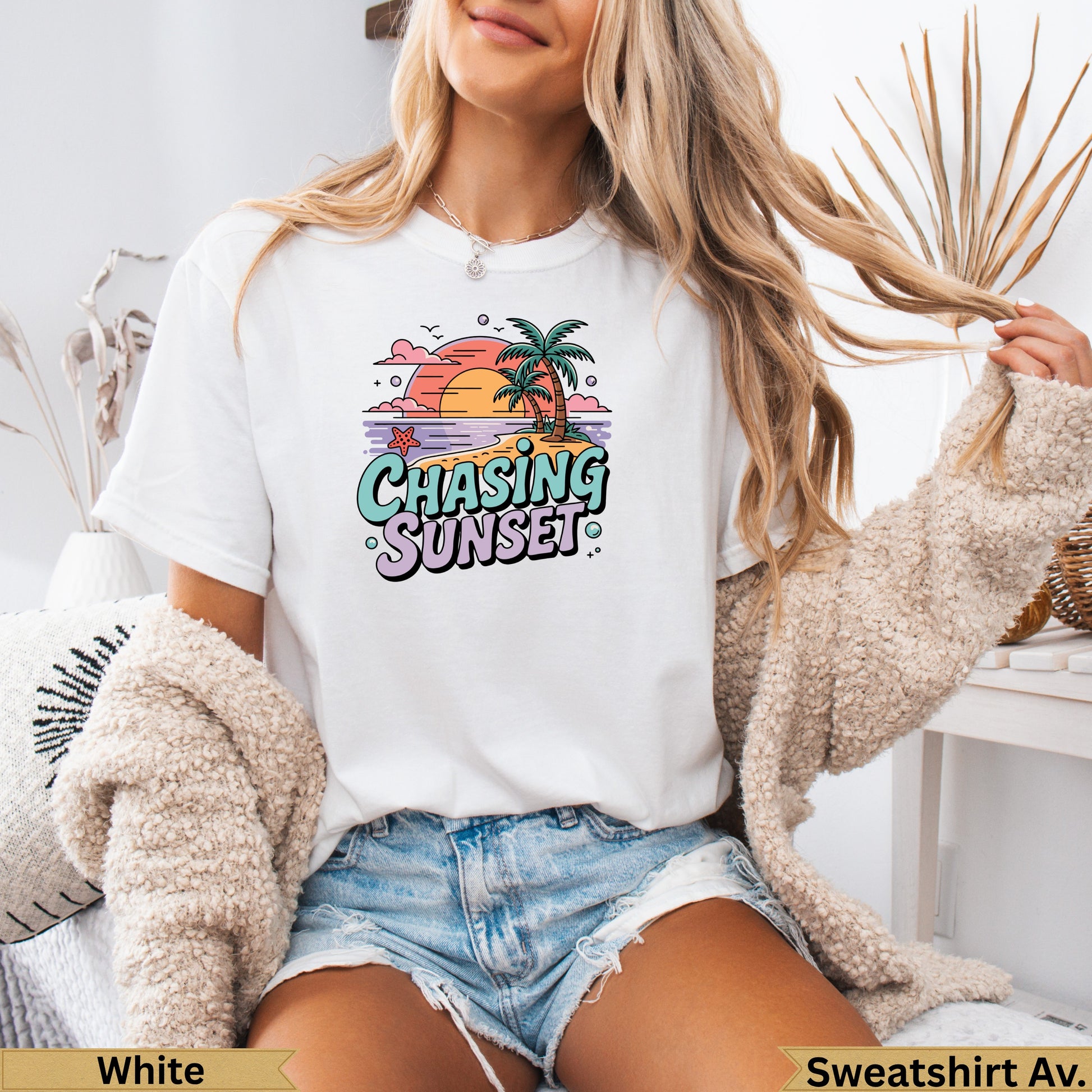 White t-shirt with "CHASING SUNSET" text and beach graphic.