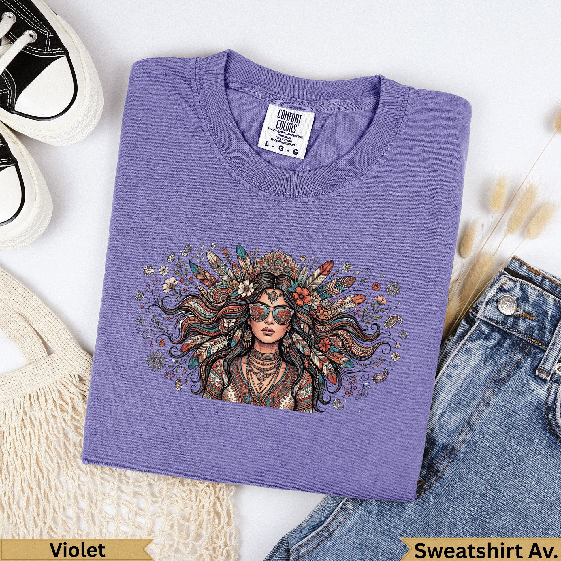 Purple Comfort Colors sweatshirt featuring a woman with floral headdress and sunglasses.