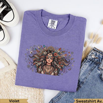 Purple Comfort Colors sweatshirt featuring a woman with floral headdress and sunglasses.