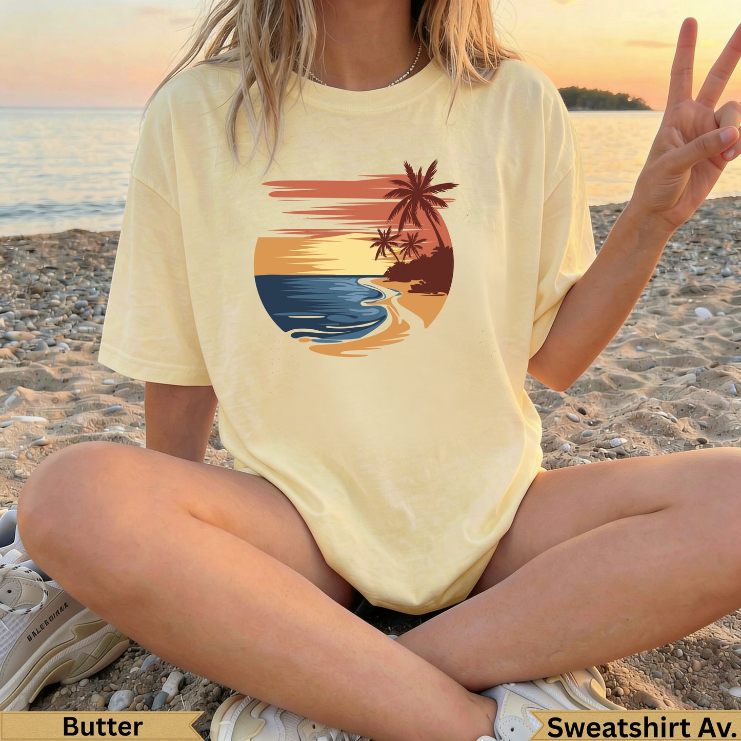 Yellow t-shirt with a beach sunset graphic and text "Butter" and "Sweatshirt Av.".