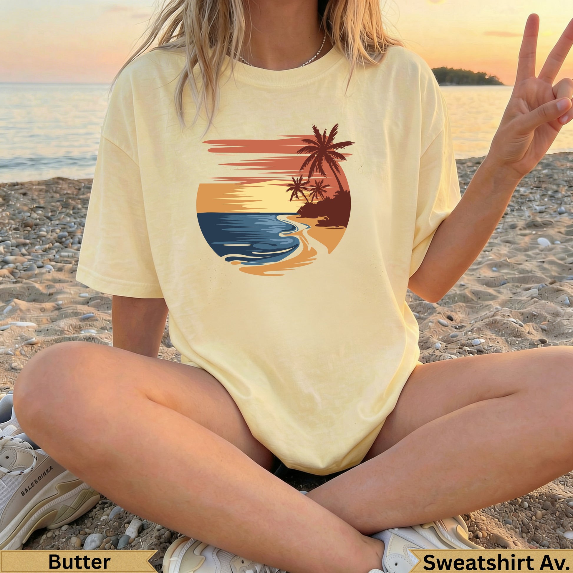 Yellow t-shirt with a beach sunset graphic and text "Butter" and "Sweatshirt Av.".