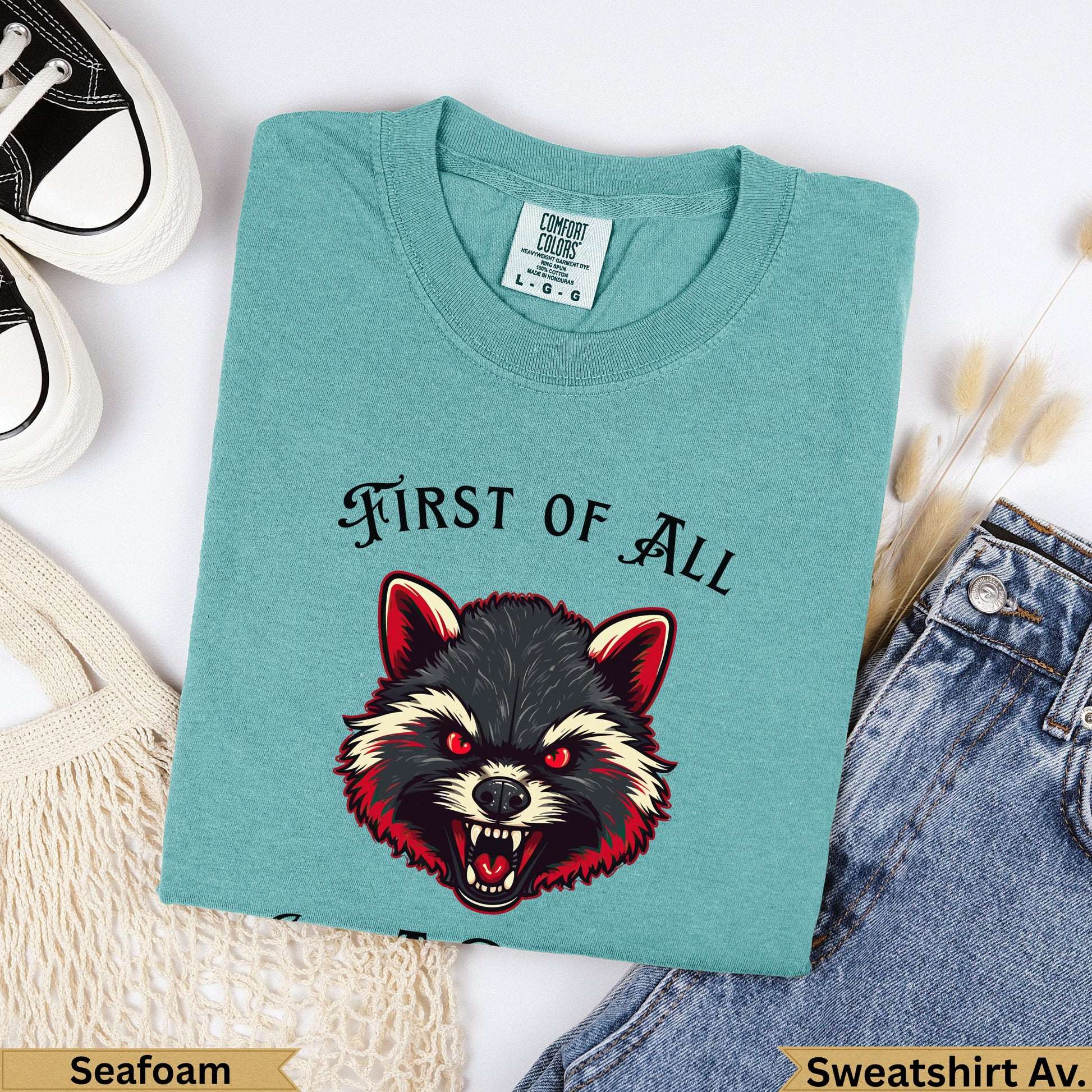 Teal sweatshirt with "FIRST OF ALL" and a raccoon graphic.
