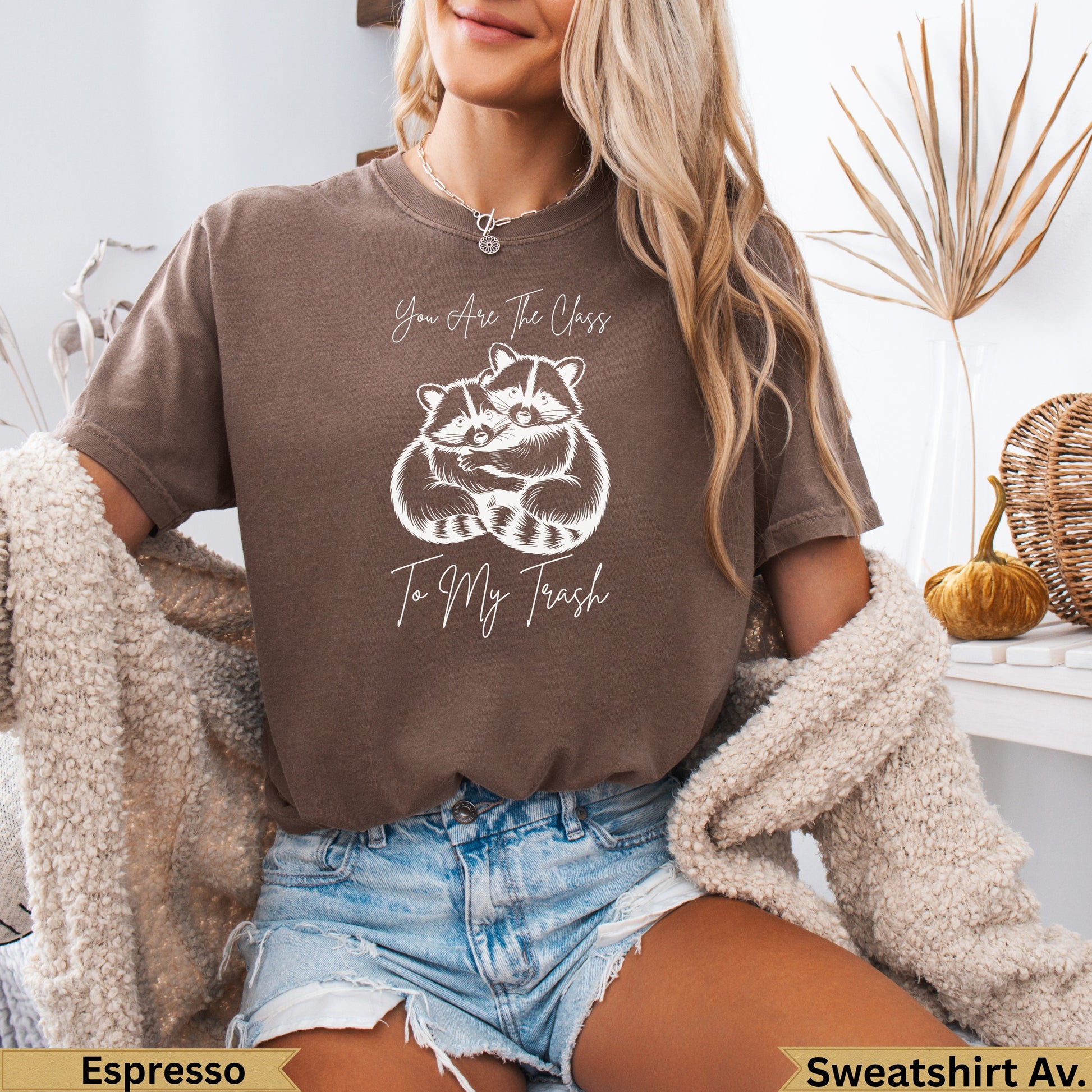 Brown t-shirt with two raccoons hugging and text "You Are the Class To My Trash".