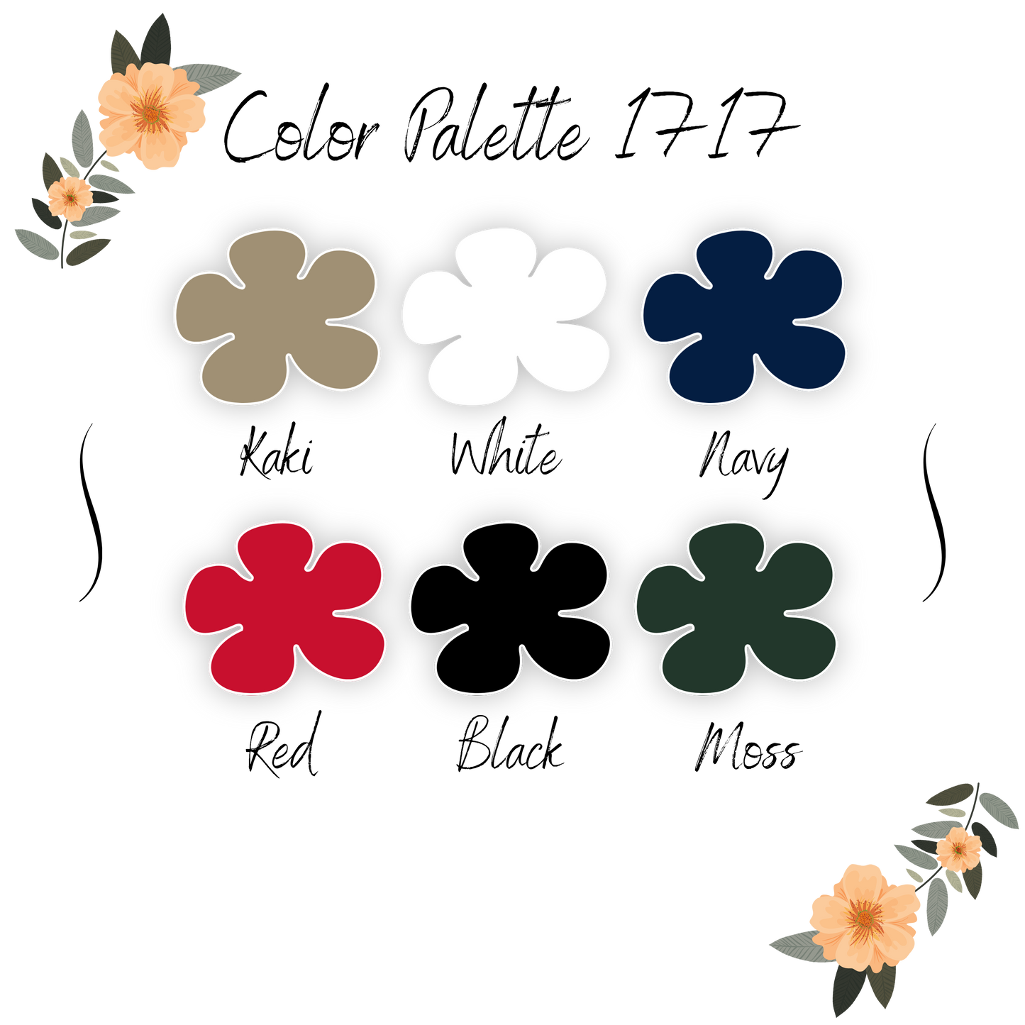 Color palette with swatches and names: Kaki, White, Navy, Red, Black, Moss.