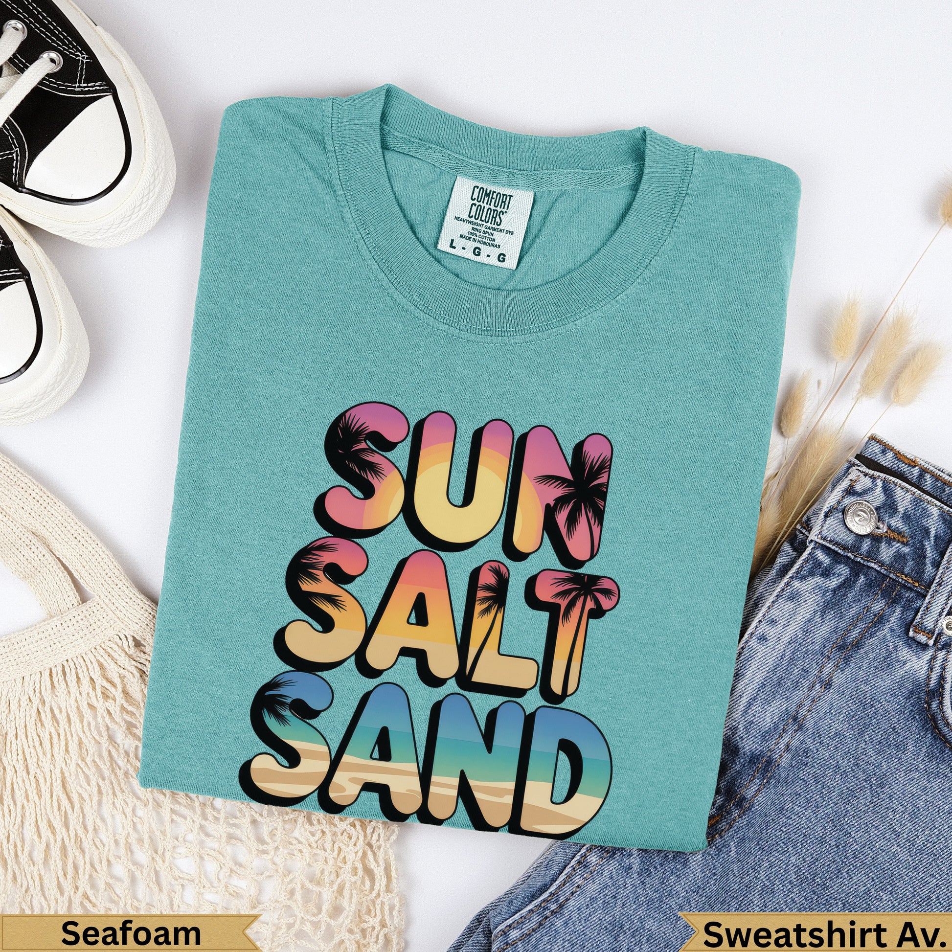 Teal Comfort Colors sweatshirt with "SUN SALT SAND" text, Seafoam.