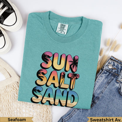 Teal Comfort Colors sweatshirt with "SUN SALT SAND" text, Seafoam.