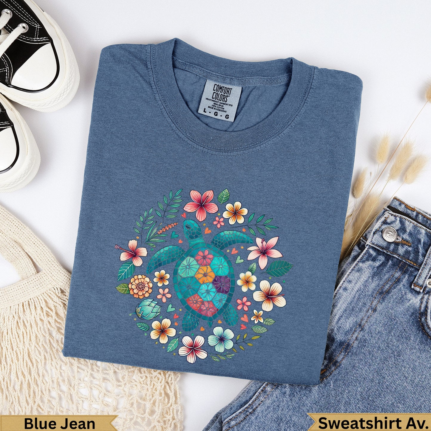 Blue Jean Comfort Colors sweatshirt with teal sea turtle and floral wreath design.
