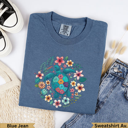 Blue Jean Comfort Colors sweatshirt with teal sea turtle and floral wreath design.