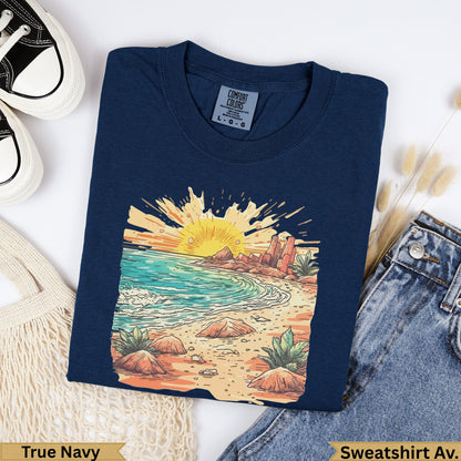 Dark navy t-shirt with beach sunset graphic, text "True Navy" and "Sweatshirt Av."