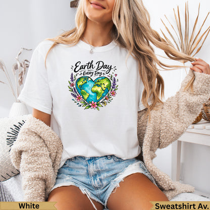 White Earth Day t-shirt with Earth graphic in floral heart, worn by a woman.
