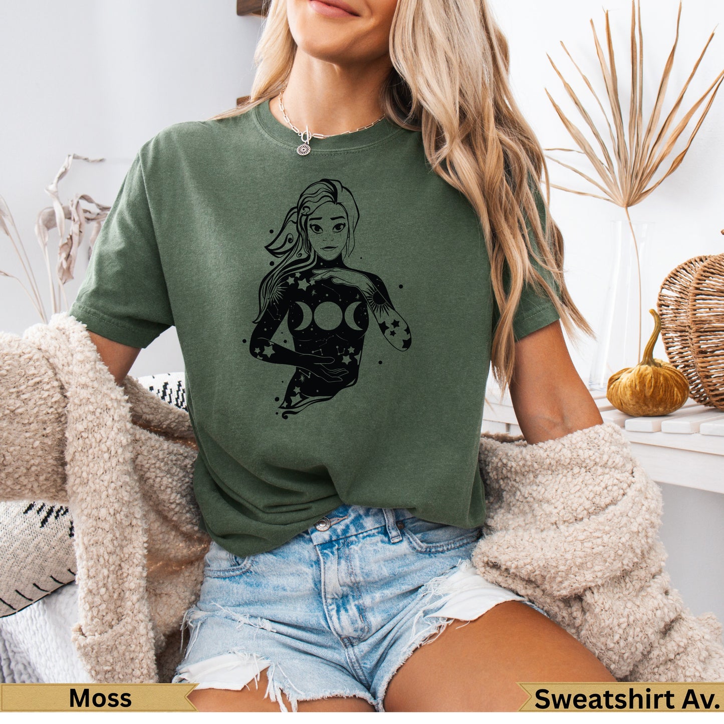 T-shirt with celestial woman and moon phases design in olive green.