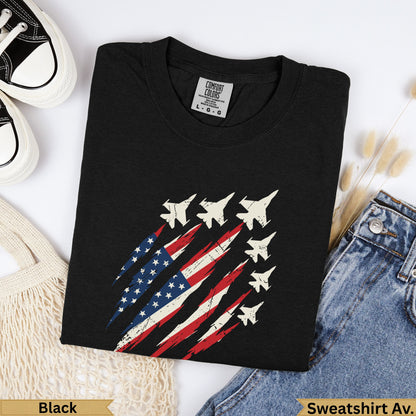 Black t-shirt with a distressed American flag and fighter jets.