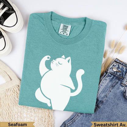 Teal Comfort Colors sweatshirt with white cat graphic, "Seafoam" and "Sweatshirt Av." text.