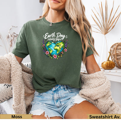 Green t-shirt with Earth heart design and "Earth Day Every Day" text.