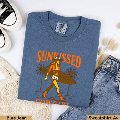 Blue Jean sweatshirt with "Sunkissed Cowgirl" text and graphic.