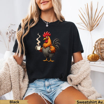 Black t-shirt featuring a cartoon rooster holding a steaming coffee cup.
