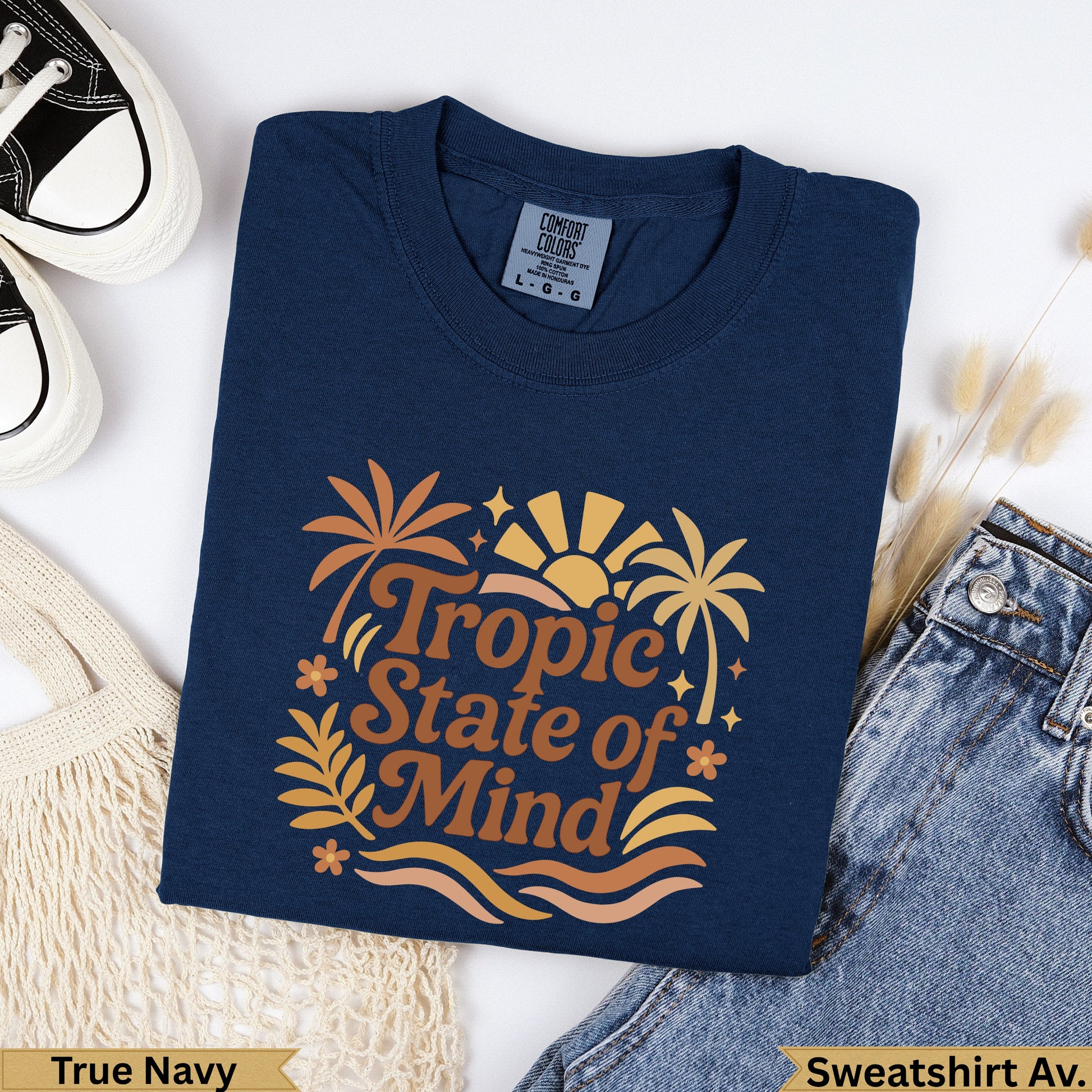 Navy Comfort Colors sweatshirt with "Tropic State of Mind" text and palm trees.