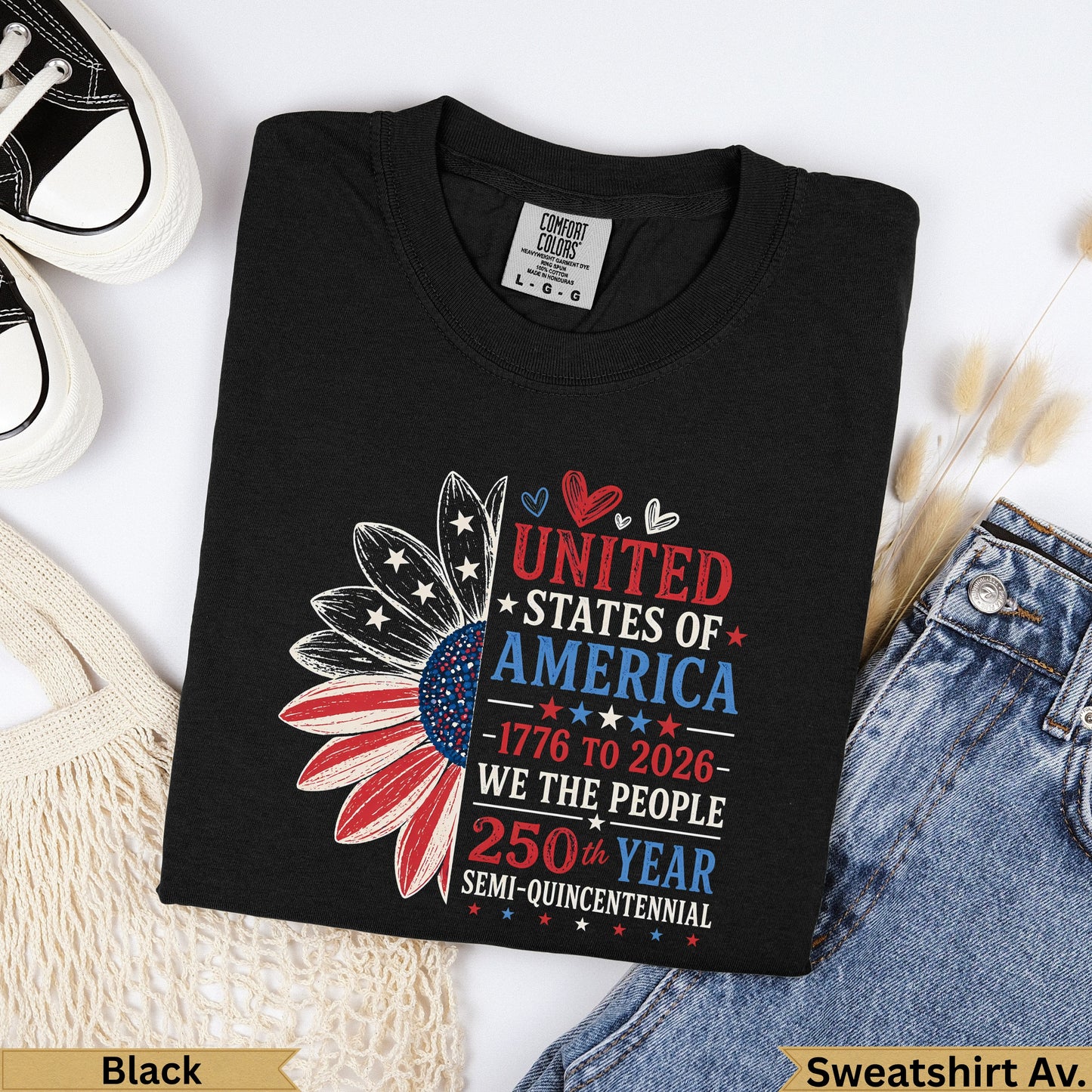 Black sweatshirt with "United States of America 1776-2026" patriotic sunflower design.