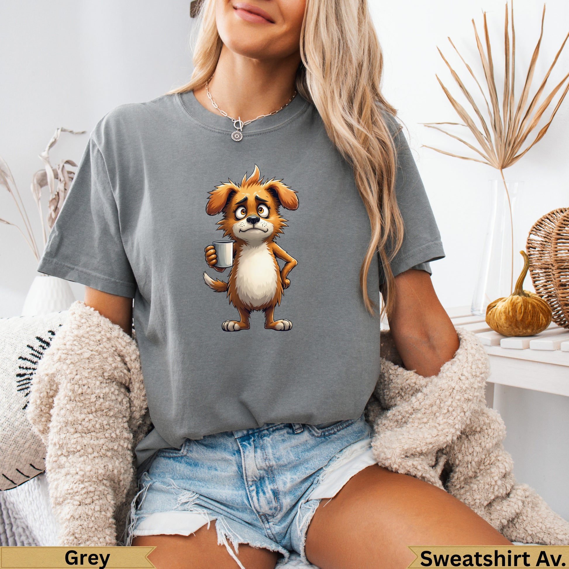 Cartoon dog with coffee mug on grey graphic t-shirt.