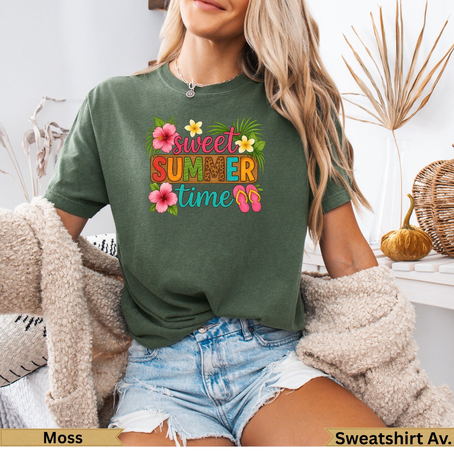 Green t-shirt with "Sweet Summer Time" text, hibiscus flowers, and flip-flops.