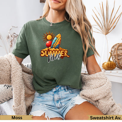 Green t-shirt with "Summer Vibes" text, surfboard, and sun graphic.