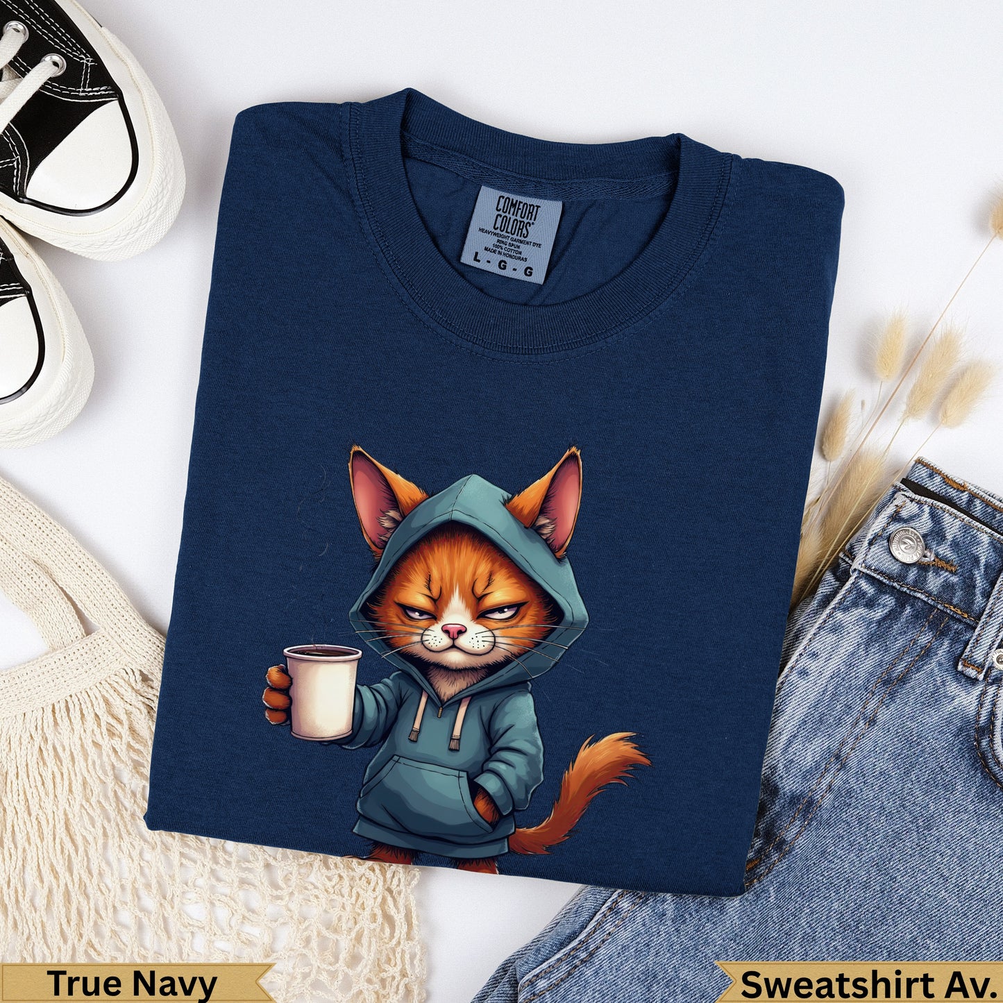 Navy blue graphic sweatshirt with a cartoon cat holding a coffee cup.