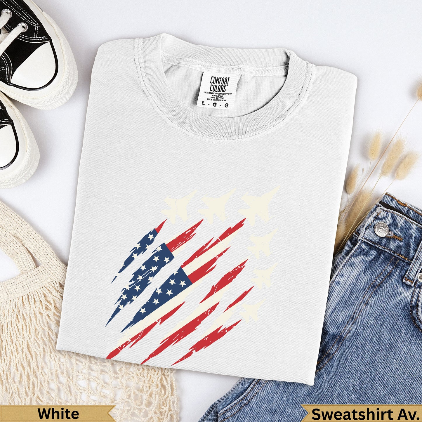 White Comfort Colors sweatshirt with distressed USA flag and jet design.